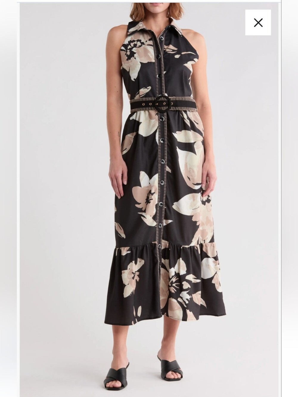 Nwt L $110 Badgley Mischka Black Maxi Dress with Cream Floral Print